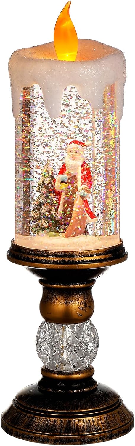 Flameless LED snow globe candle on a bronze pedestal, with a flickering flame on top and Santa beside a small tree inside, surrounded by swirling glitter