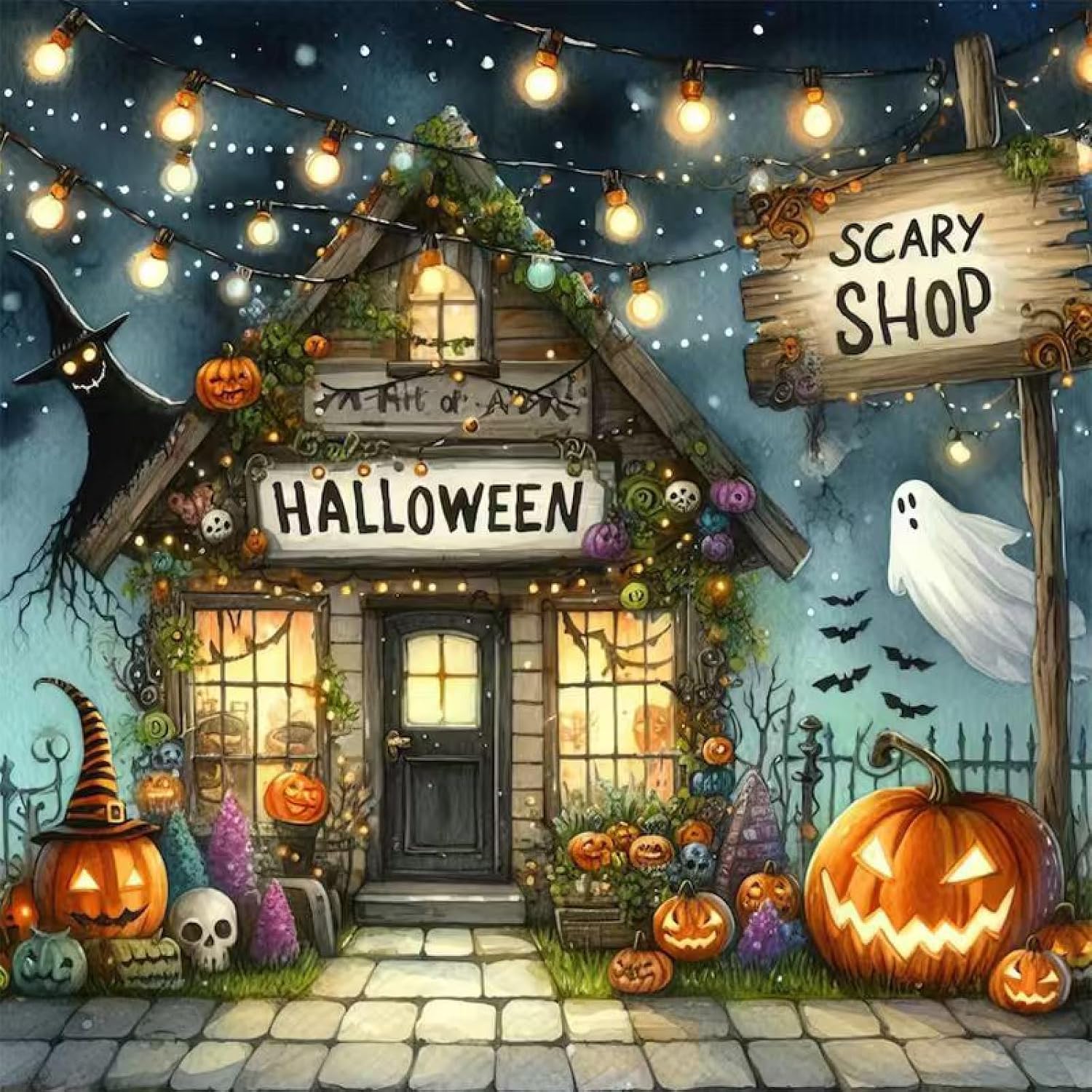 Diamond painting kit design of a cosy wooden Halloween cottage shop under strings of glowing bulbs, with a Halloween sign over the door, a Scary Shop signpost, a floating ghost, bats and jack-o'-lanterns along a stone path