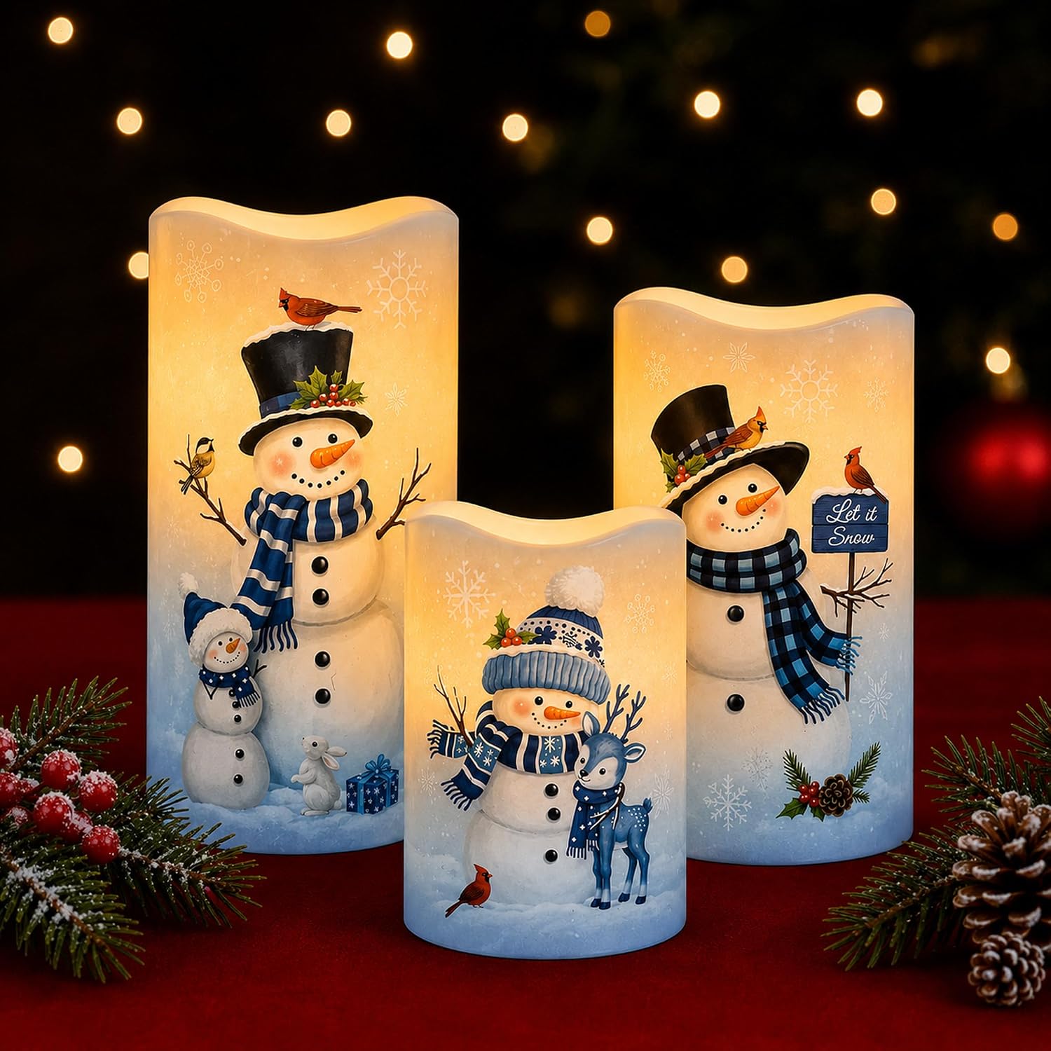 Set of three lit flameless pillar candles in graduated heights, printed with blue-scarfed snowmen, cardinals, a fawn, and snowflakes, arranged with pine sprigs and berries
