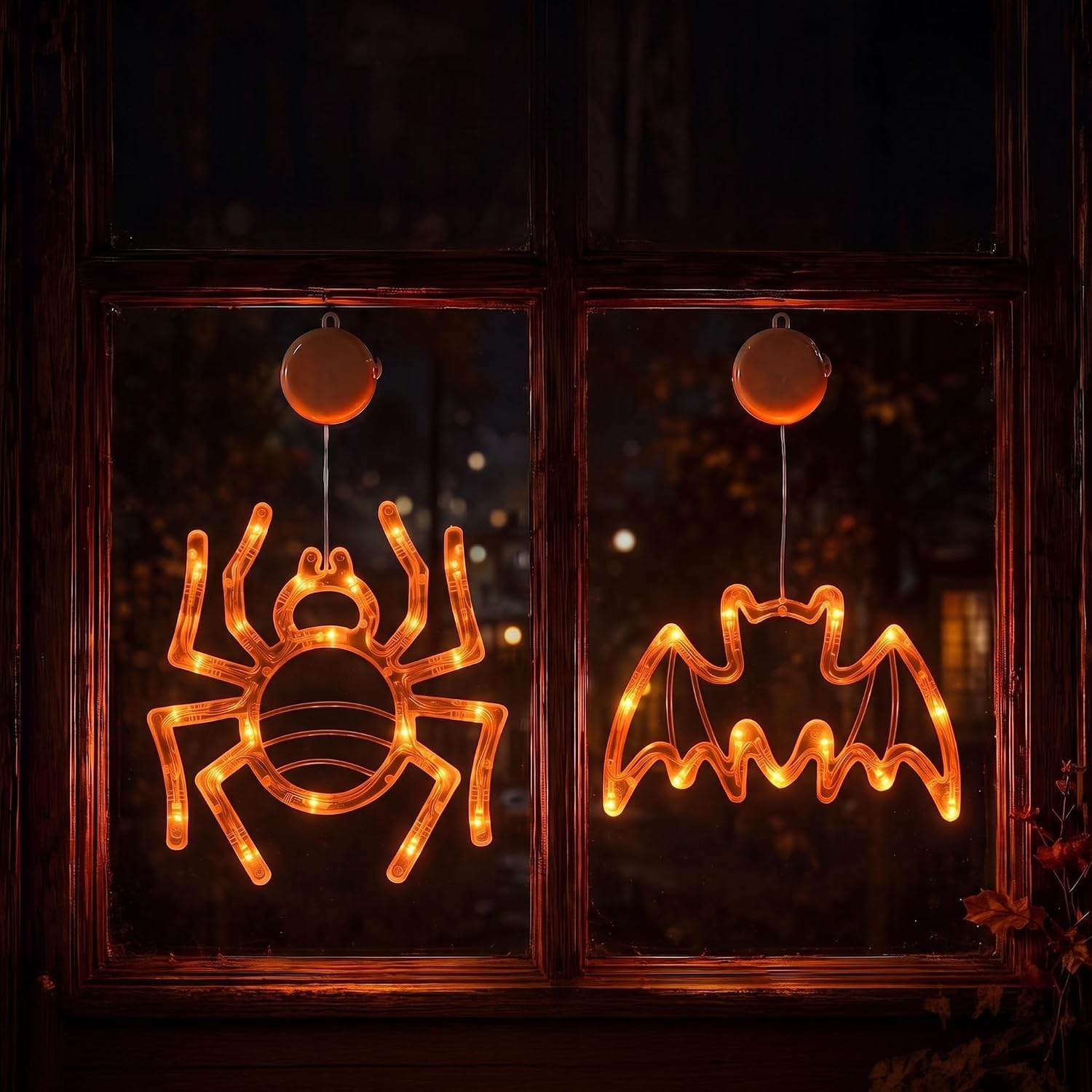 Two glowing suction-cup window lights, a spider in its web and a bat, for Halloween window display