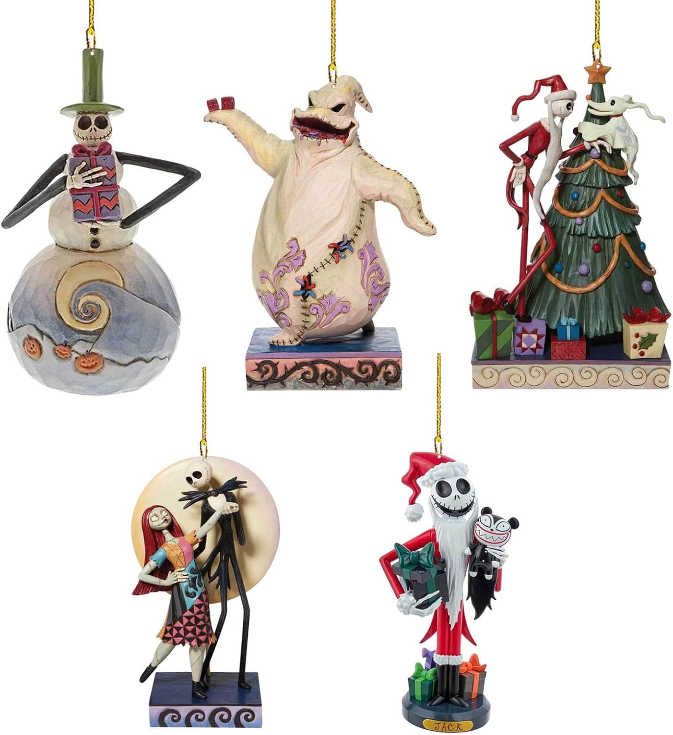 Set of five hanging Christmas ornaments in a spooky-festive style — a skeleton snowman, a stitched sack ghost, a skeleton Santa beside a tree, a ragdoll and skeleton dancing before a full moon, and a skeleton Santa with presents