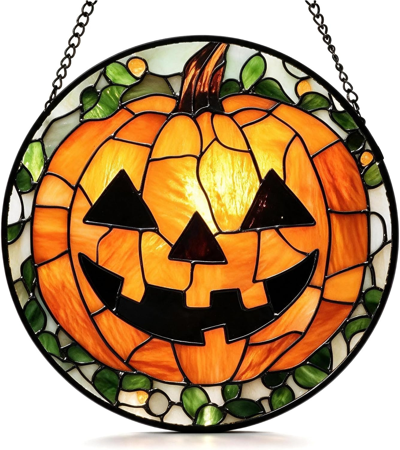 Stained-glass style jack-o'-lantern suncatcher with green vine detailing on a hanging chain