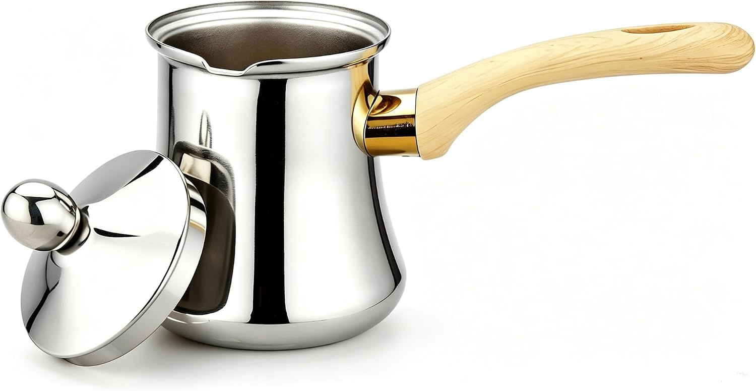 Polished stainless steel Turkish coffee pot with a lid and a cream wooden-effect handle