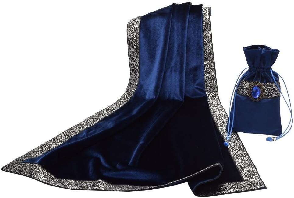 Midnight-blue velvet tarot cloth with an embroidered silver border, with a matching drawstring card pouch