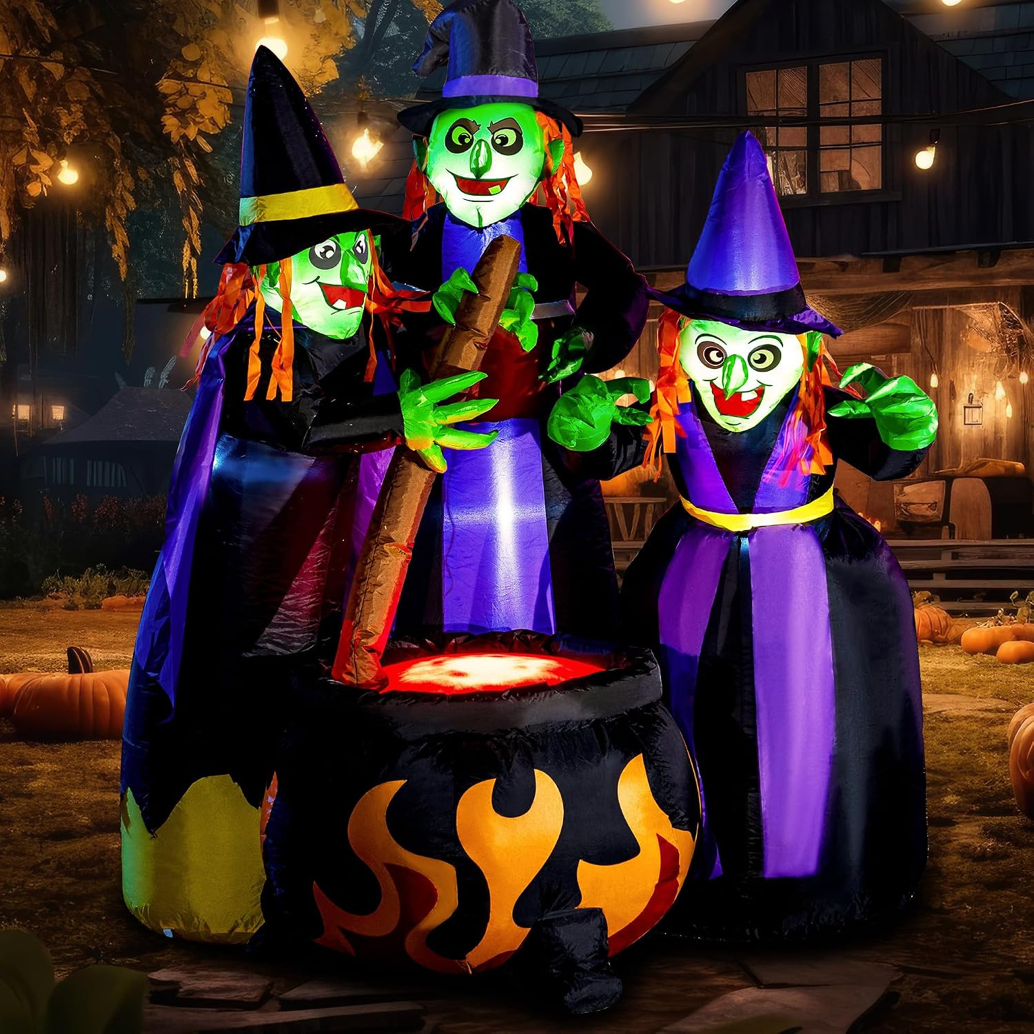 Six foot tall light-up inflatable of three witches gathered around a cauldron with flame effect