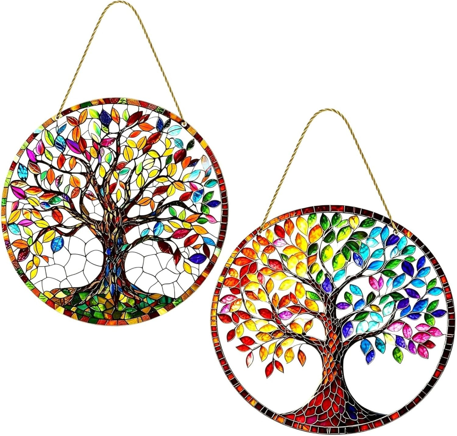 Two round stained-glass style Tree of Life suncatchers, one in cool tones and one in autumn tones