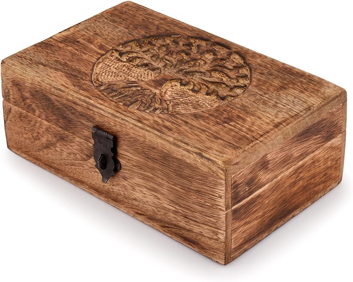Hand-carved mango wood box with a Tree of Life engraved on the lid and a brass clasp