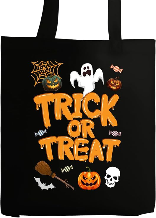 Black cotton canvas tote bag printed with ghosts, cobwebs, and a jack-o'-lantern reading Trick or Treat