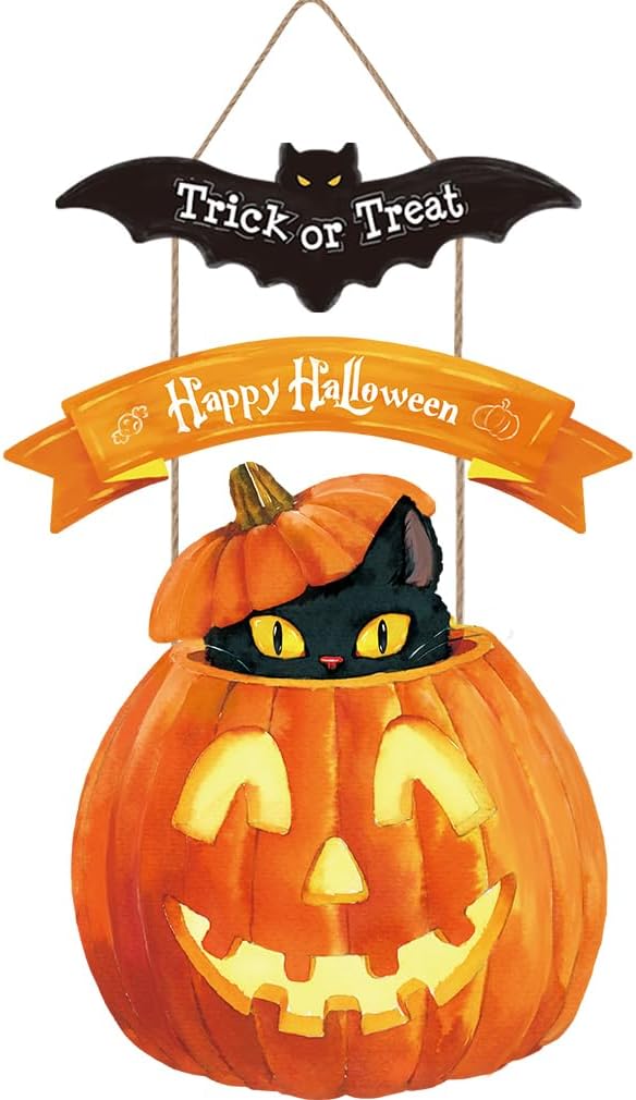 Three-tier hanging Halloween sign on jute rope: a black bat reading Trick or Treat, an orange Happy Halloween banner, and a black cat peeking out from under the lid of a grinning jack-o'-lantern
