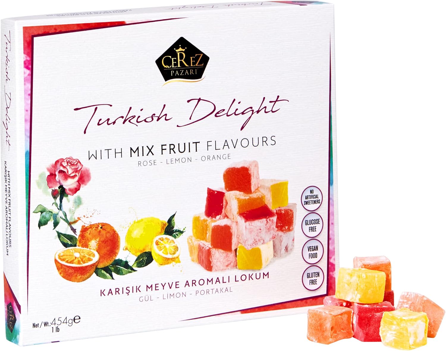 Box of Cerez Pazari Turkish delight with rose, lemon and orange cubes dusted in sugar