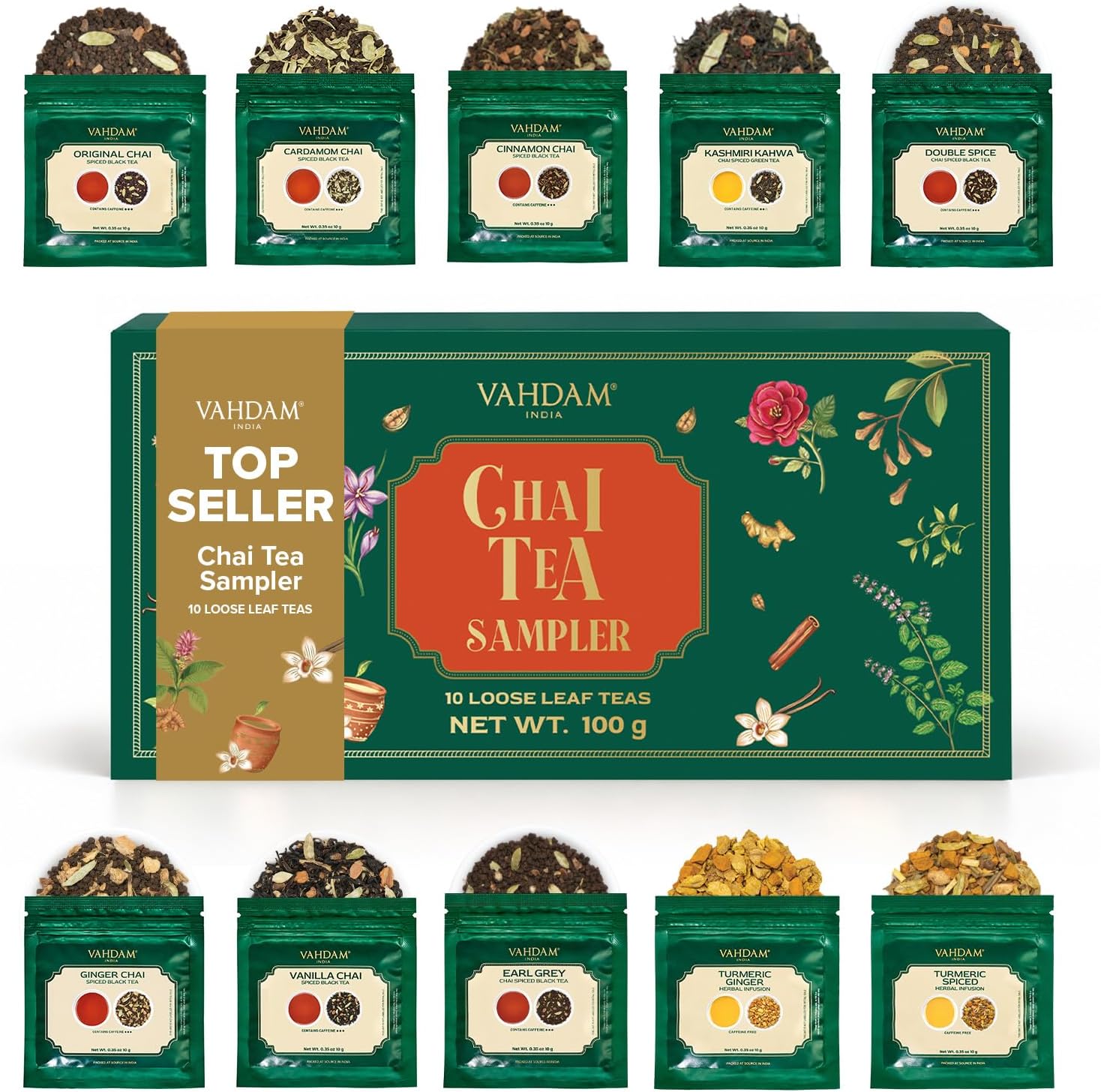 VAHDAM chai sampler gift box with ten pouches of loose leaf chai