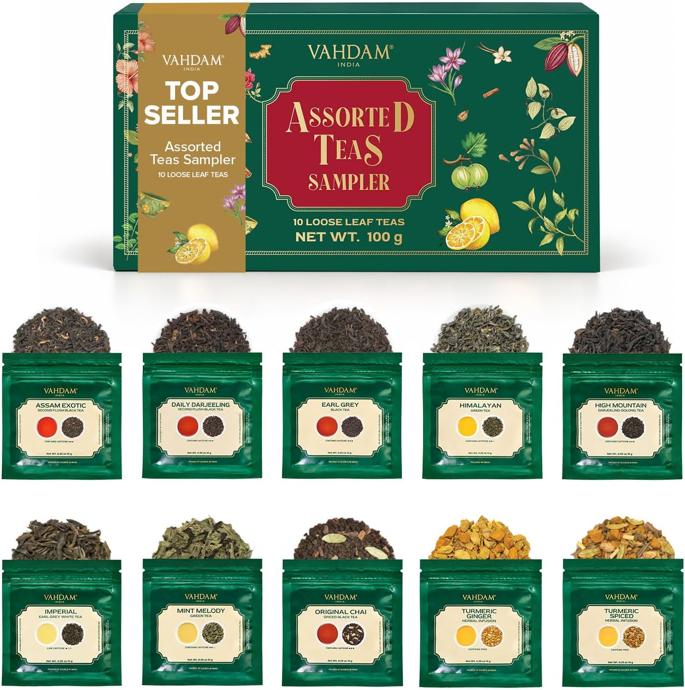 VAHDAM tea sampler box with ten pouches of assorted loose leaf teas