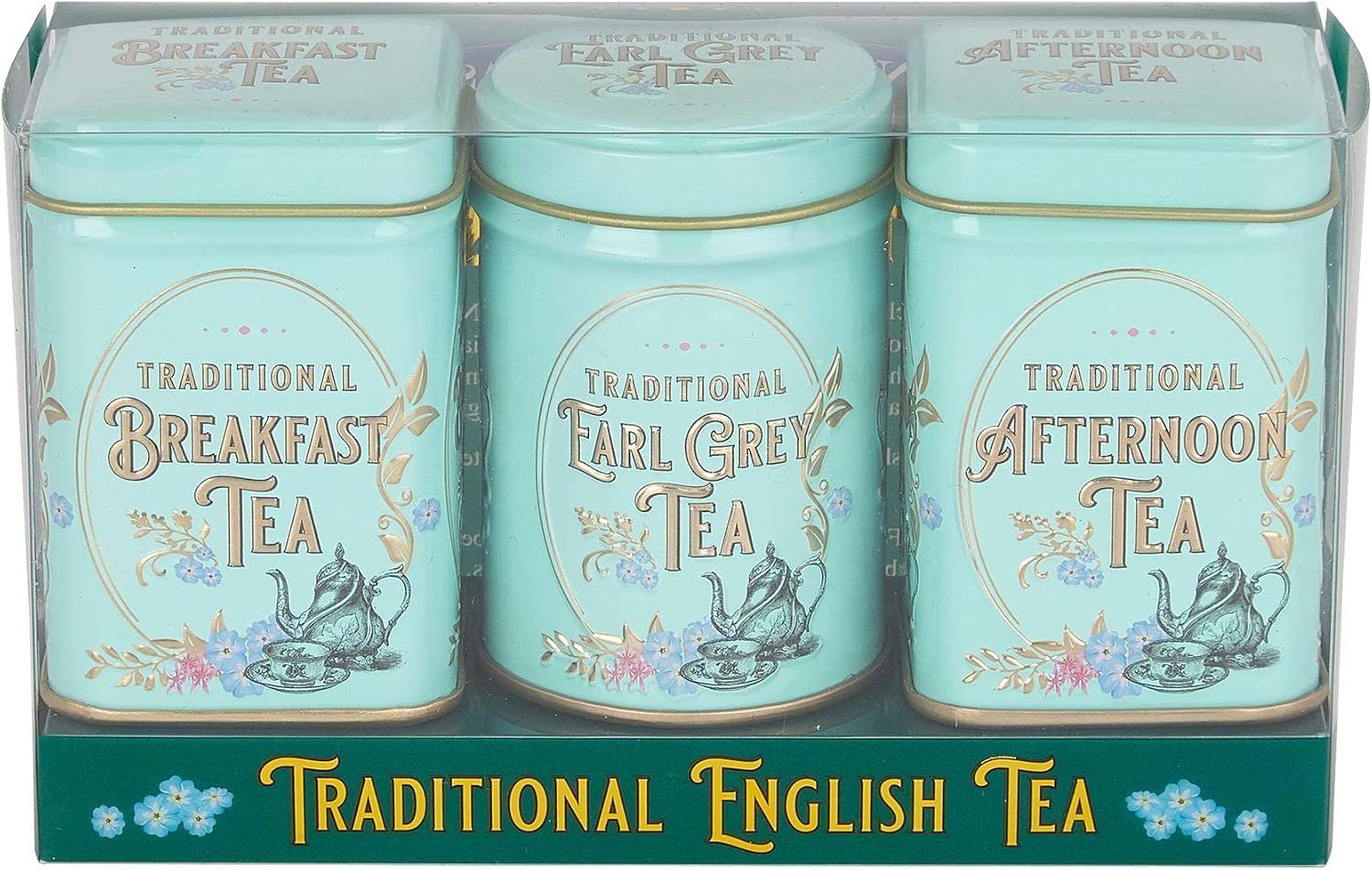 Three mint blue Victorian-style tea tins with gold and floral detailing