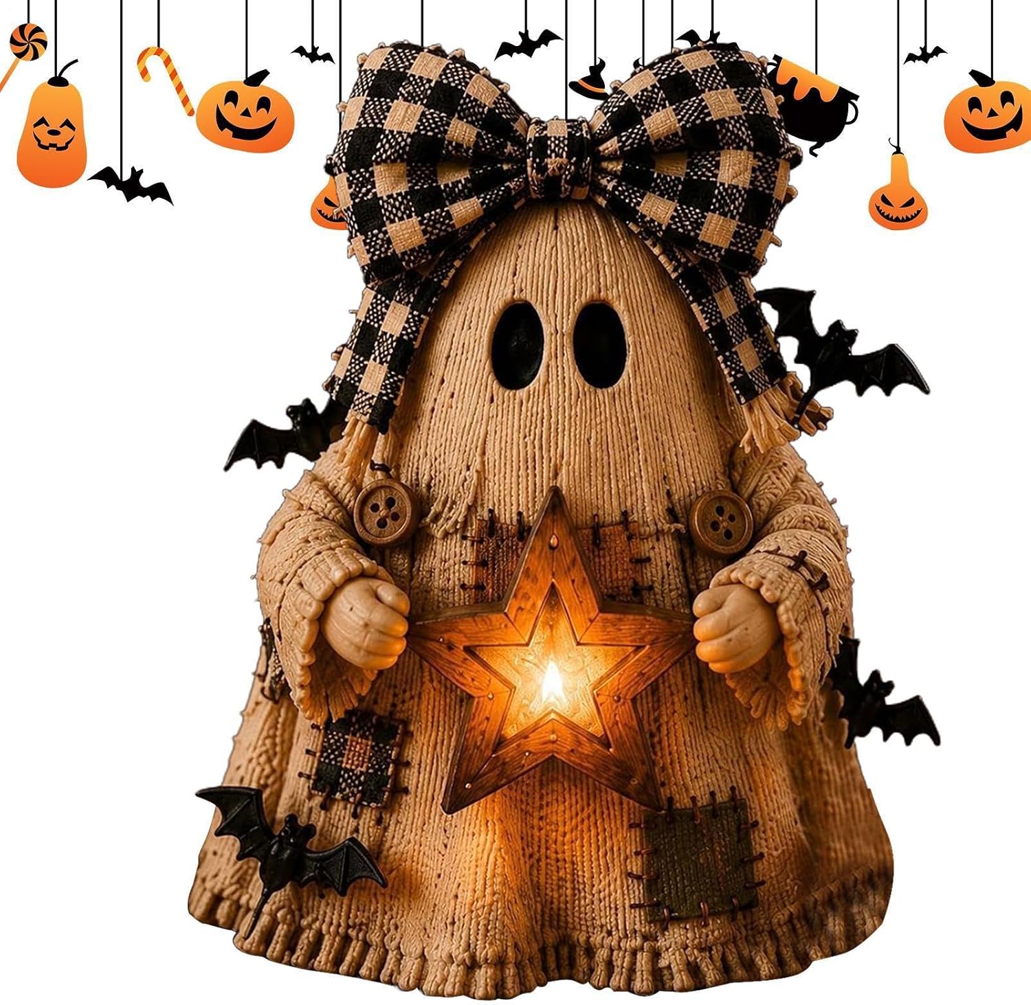 Rustic resin ghost figurine in a knitted-look sheet with stitched patches and wooden buttons, wearing a big black and tan gingham bow, holding a glowing star lantern, with little black bats