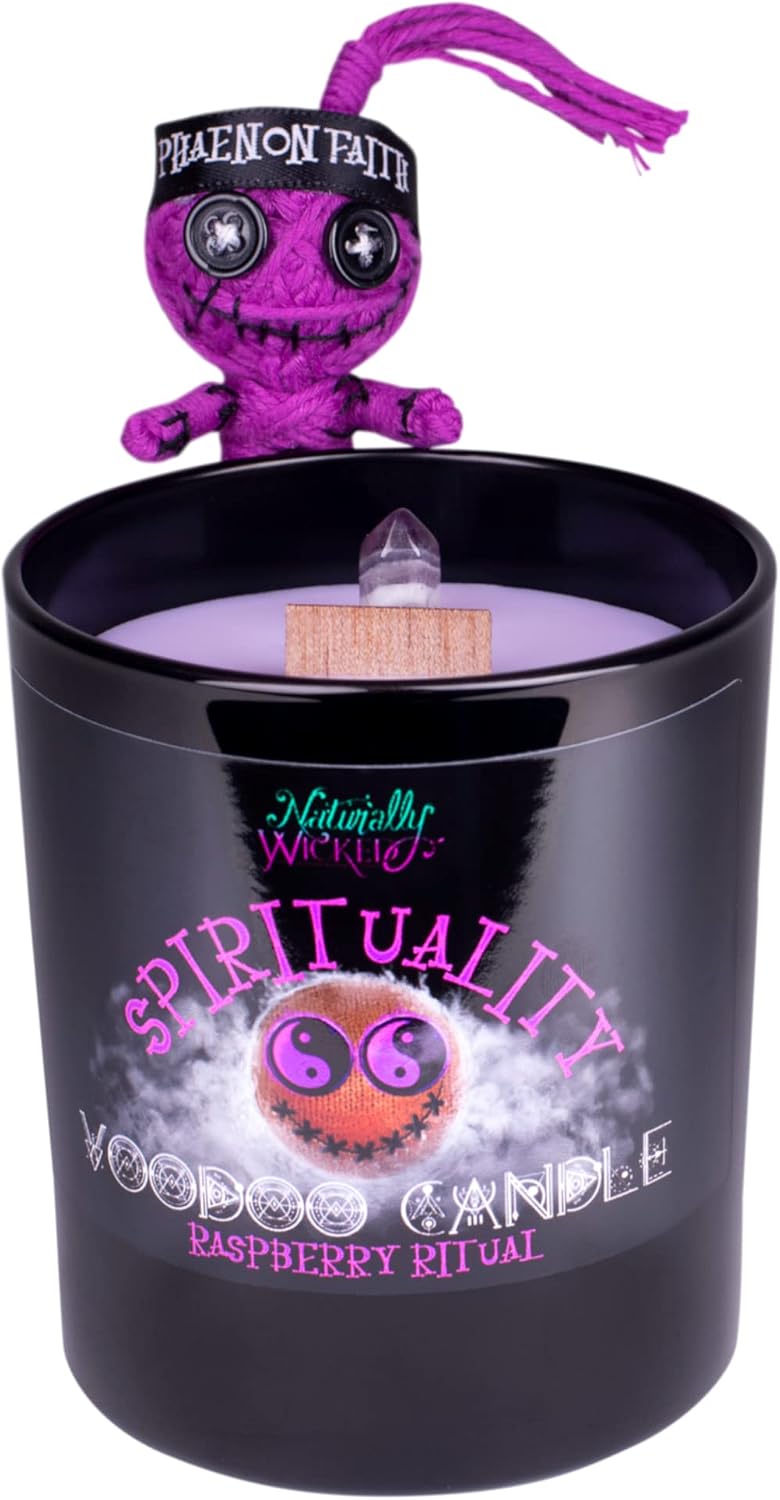 Naturally Wicked Voodoo Spirituality Candle Set, a purple voodoo doll on top of a black glass candle jar labelled Spirituality, Raspberry Ritual scent