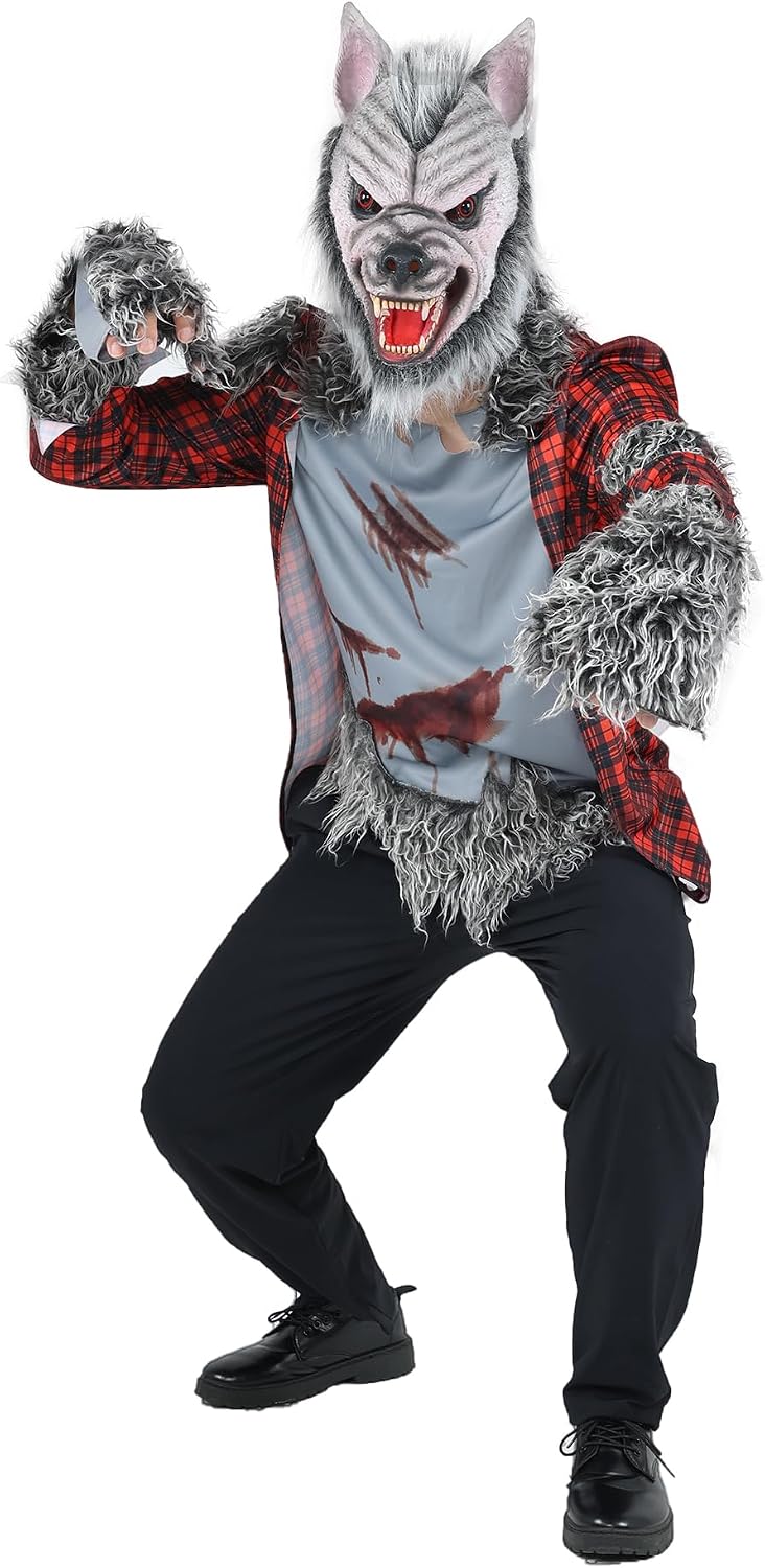Man in a werewolf costume with a snarling grey wolf mask, shaggy grey fur claw gloves, and a red plaid shirt over a torn, blood-splattered grey top trimmed with fur