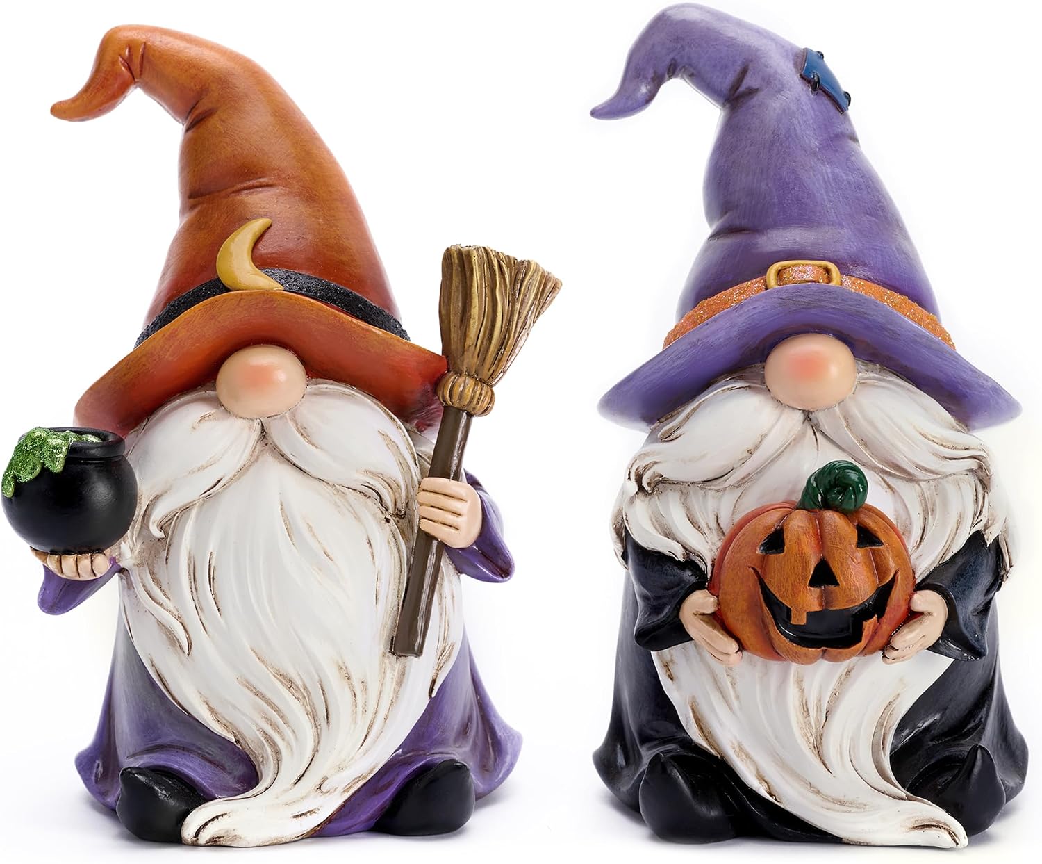 Two waterproof resin garden gnomes in witch hats, one holding a cauldron, one holding a pumpkin
