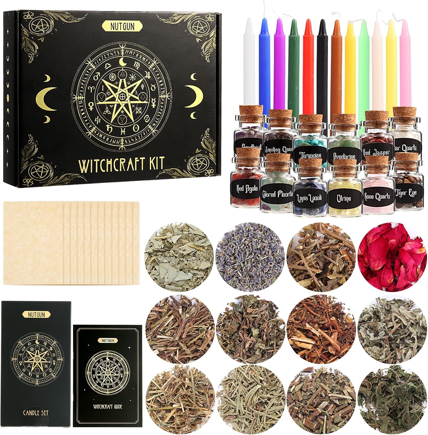 Witchcraft altar kit with its black and gold box, coloured spell candles, corked jars of crystals, parchment sheets, a guidebook and twelve dried herbs