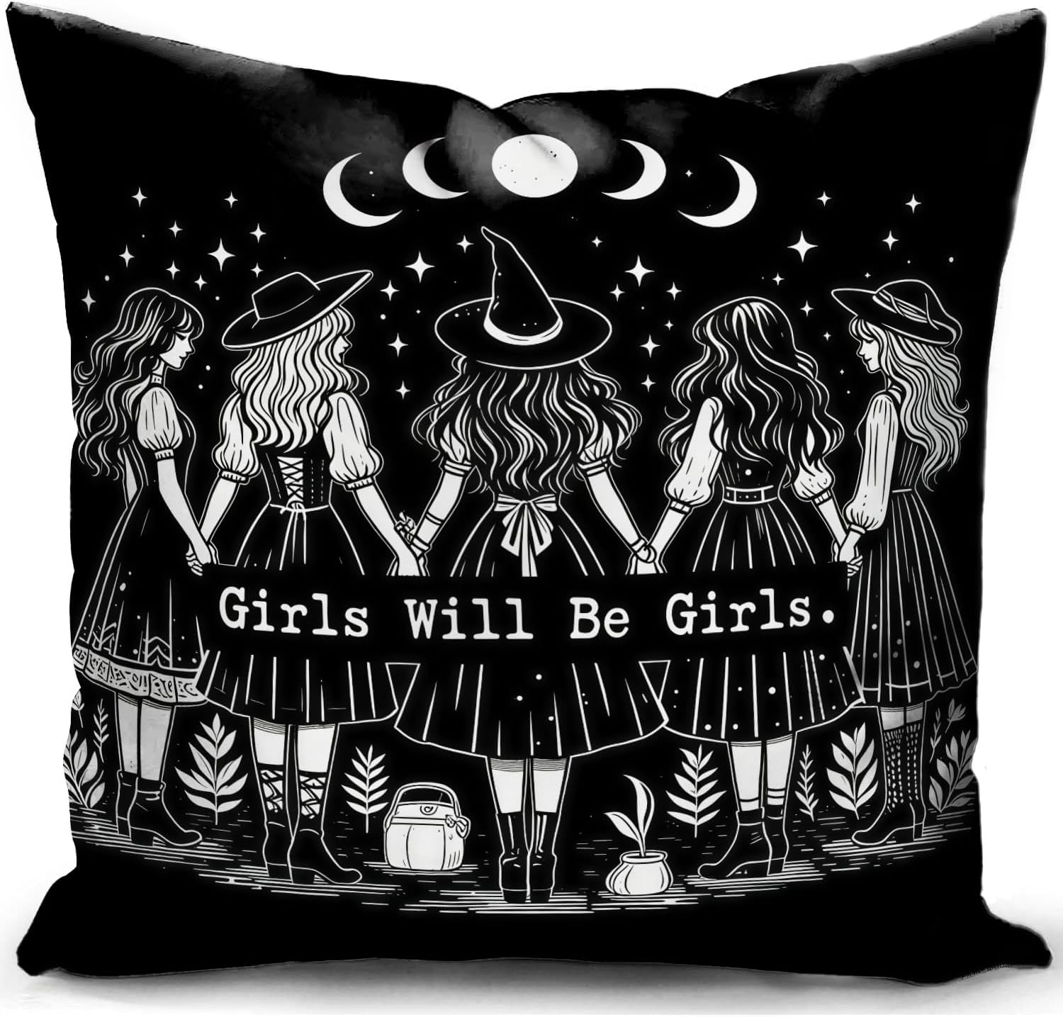 Black cushion cover printed in white with a row of witches holding hands beneath the phases of the moon and the words Girls Will Be Girls