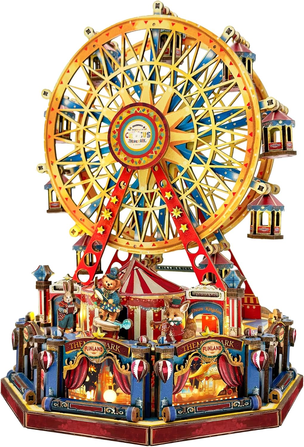 Built 3D wooden puzzle model of a lit carnival Ferris wheel above a circus-tent base, with a bear drummer, a fox trumpeter, and a rabbit accordionist around the edge