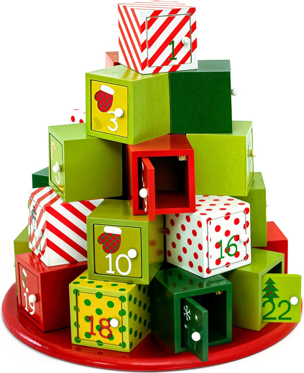 Wooden advent calendar of 24 stacked red, green and white numbered boxes in a tree shape