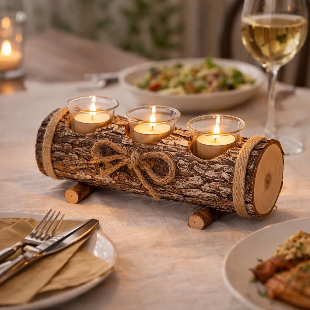 Resin tealight holder shaped like a bark-covered log with three lit tealights in glass cups, set on a dinner table